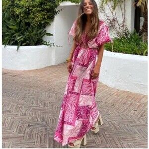 Zara Dress Size Medium Patchwork Pink Maxi V-neck Kimono Sleeve Blogger Favorite